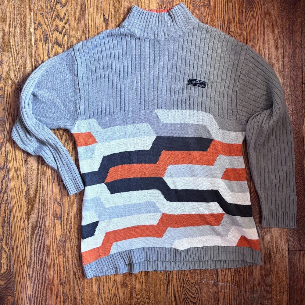 Southpole Sportswear Mock Neck Sweater Geometric Stripe Gray XL Y2K Streetwear